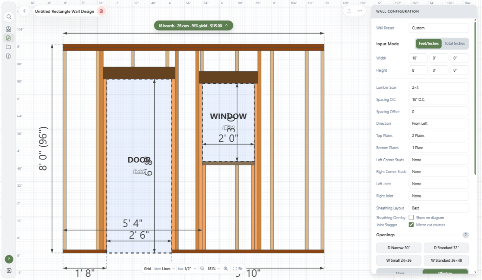 EpiphyX Wall Framing Canvas showing a dimensioned timber wall with door and window openings